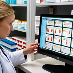 **A pharmacist carefully reviewing a patient's medication list on a computer, cross-referencing information in the Läkemedelsverket database to identify potential drug interactions.** (Focus: Represents vigilance, information access, and patient safety.)