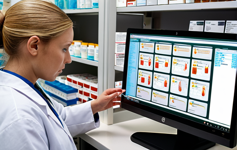 **A pharmacist carefully reviewing a patient's medication list on a computer, cross-referencing information in the Läkemedelsverket database to identify potential drug interactions.** (Focus: Represents vigilance, information access, and patient safety.)