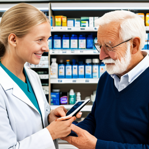 **

A Swedish pharmacist in a modern, brightly lit pharmacy, fully clothed, assisting a senior citizen with a mobile app on a tablet. The app displays prescription information. Shelves of medications are visible in the background. "Safe for work," "appropriate content," "fully clothed," "professional," "modest," "family-friendly," perfect anatomy, correct proportions, natural pose, well-formed hands, proper finger count, natural body proportions, high quality.

**