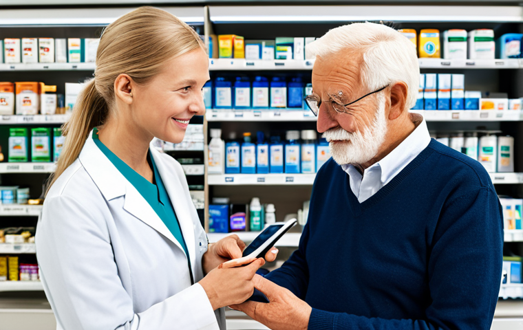 **
A Swedish pharmacist in a modern, brightly lit pharmacy, fully clothed, assisting a senior citizen with a mobile app on a tablet. The app displays prescription information. Shelves of medications are visible in the background. "Safe for work," "appropriate content," "fully clothed," "professional," "modest," "family-friendly," perfect anatomy, correct proportions, natural pose, well-formed hands, proper finger count, natural body proportions, high quality.
**