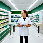Modern Pharmacy Interior**

"A bright and welcoming pharmacy interior in Stockholm, Sweden. Focus on clean lines, natural light, and a color palette of soft greens and blues. Shelves are neatly organized with over-the-counter medications and skincare products. A friendly, fully clothed pharmacist in a professional uniform is assisting a customer. Safe for work, appropriate content, fully clothed, professional, modern design, perfect anatomy, natural proportions, high quality."

**
