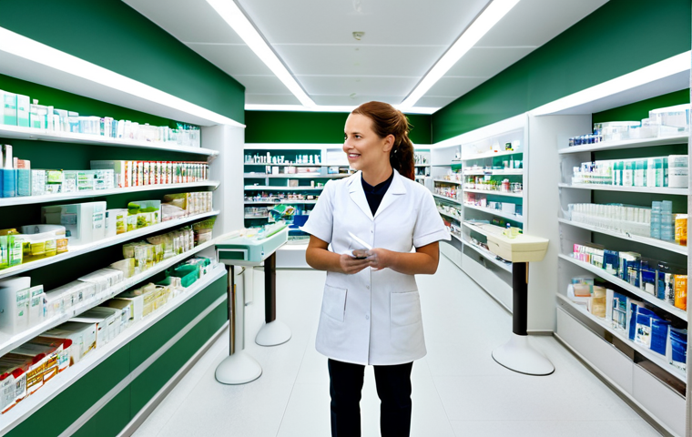 Modern Pharmacy Interior**

"A bright and welcoming pharmacy interior in Stockholm, Sweden. Focus on clean lines, natural light, and a color palette of soft greens and blues. Shelves are neatly organized with over-the-counter medications and skincare products. A friendly, fully clothed pharmacist in a professional uniform is assisting a customer. Safe for work, appropriate content, fully clothed, professional, modern design, perfect anatomy, natural proportions, high quality."

**